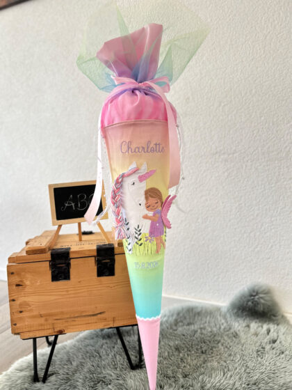 Schultüte aus Stoff mit 3D-Fee mit Einhorn, Zaubärwelt